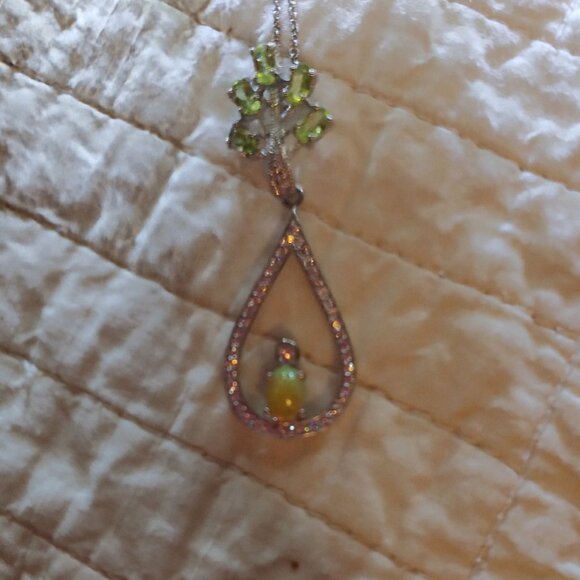New Sterling Silver Natural Opal 5 Peridot /White Sapphire Crystals 22" Necklace - Picture 4 of 4